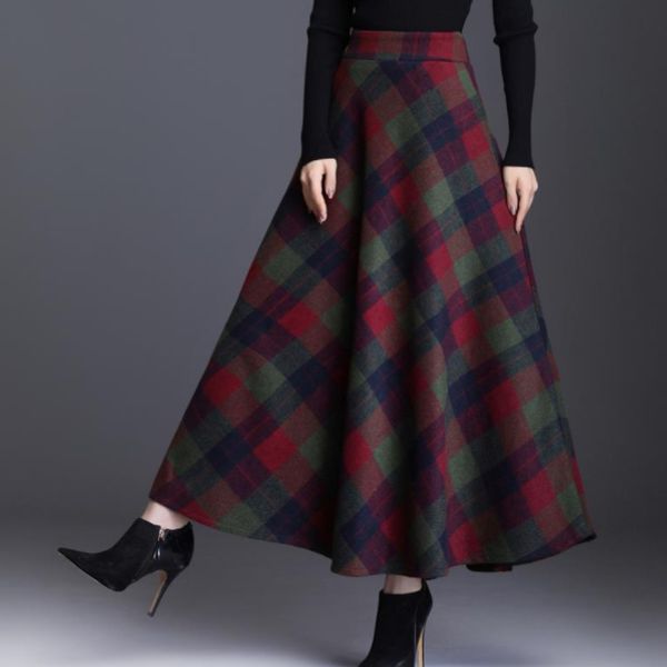 

maxi wook skirt womens 2019 autumn winter plus size 3xl elegant korean style plaid tall waist long clothing thickening ff697, Black;gray