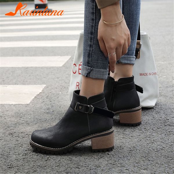 

karin fashion new big size 34-43 ladies chunky heels ankle boots women shoes woman zip up add fur autumn winter boots woman, Black