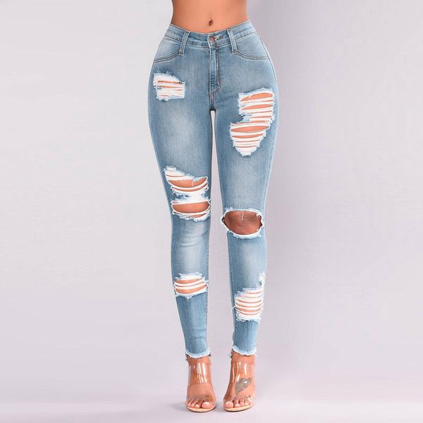 

light blue jeans pancil pants women high waist slim hole ripped stretch denim jeans casual stretch trousers holes skinny