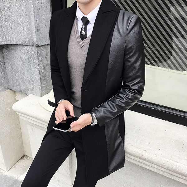 

autumn and winter men's british slim stitching fur coats youth handsome trend in the long double-sided coat men's windbreaker, Tan;black