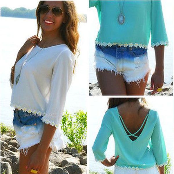 

2016 womens summer casual short sleeve backless blouse crop t-shirt, White