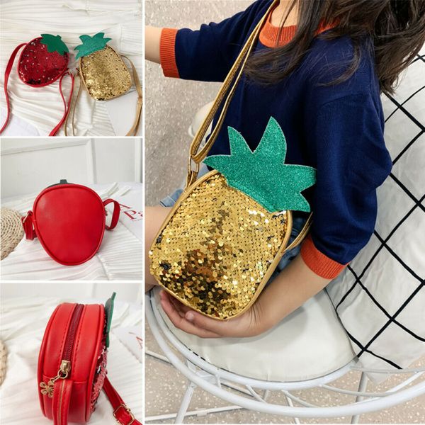 

new kid baby girl cute fruit strawberry pineapple handbag bling sequins shoulder bag pu round crossbody purses