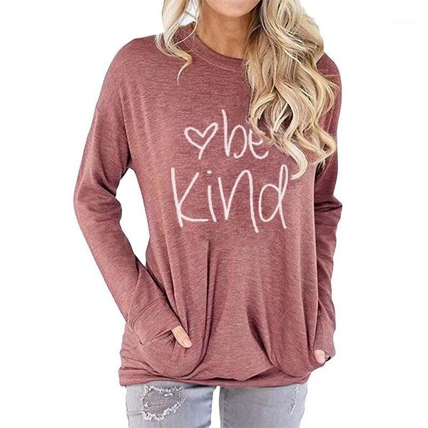 

women be kind letter print shirt long sleeve loose fit casual pullover pocket graphic shirt sweatshirt ovesized tee1, Black