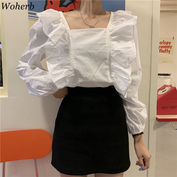 

woherb elegant women blouses solid pleated lantern sleeve blusas mujer short office lady 2020 spring summer ruffle shirts cute, White