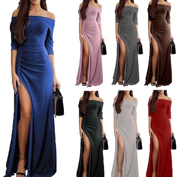 

shiny off shoulder ruched thigh slit dress sukienka party dress gown elegant bodycon maxi robe femme ete 2020 sequin women, Black;gray
