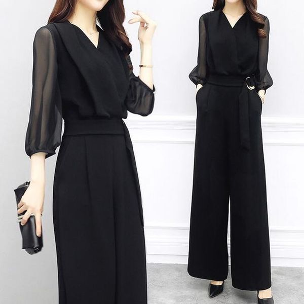

2019 summer women v-neck chiffon jumpsuits elegant ladies black party wide leg jumpsuits df528, Black;white