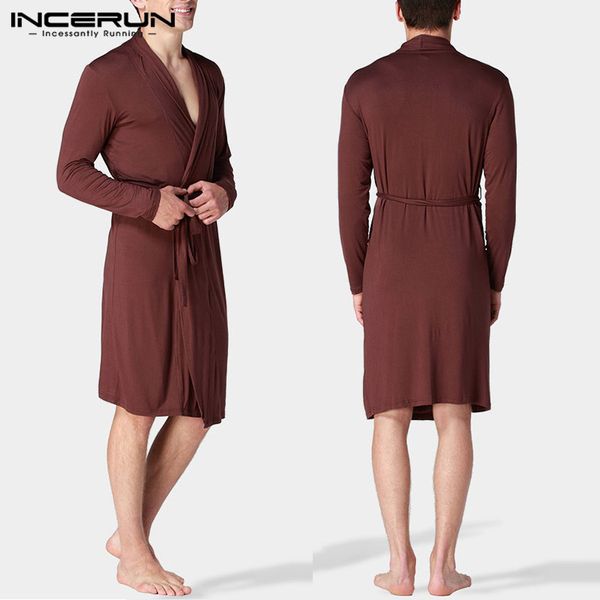 

incerun fashion men robes plain v neck casual kimono comfortable bathrobes soft men homewear long sleeve nightgown plus size 5xl, Black;brown