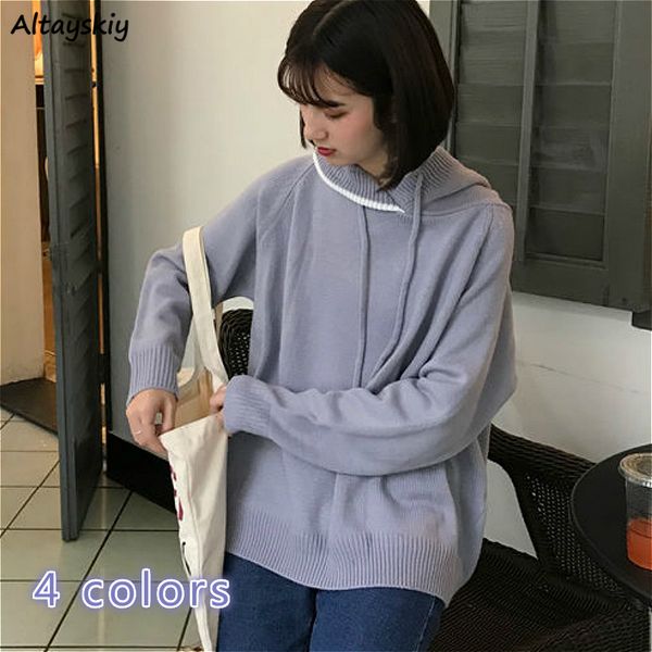 

pullovers women ulzzang patchwork hooded knitted loose lazy preppy girls sweaters chic cute harajuku womens lovely jumpers, White;black