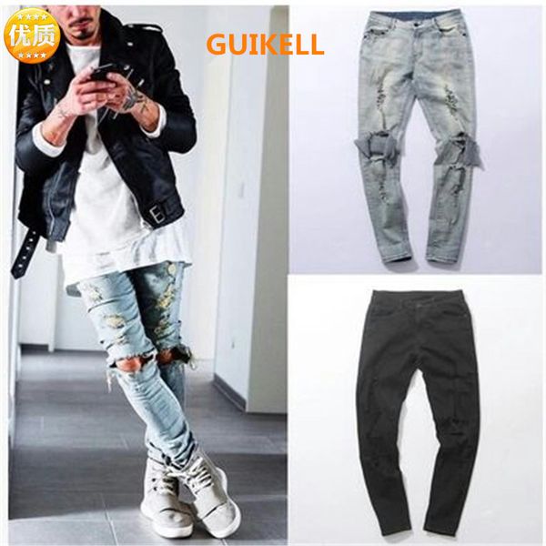 

guikell 2020 new elastic men's jeans, washed holes, small feet, men's long pants, mid waist, fashionable small feet, Blue
