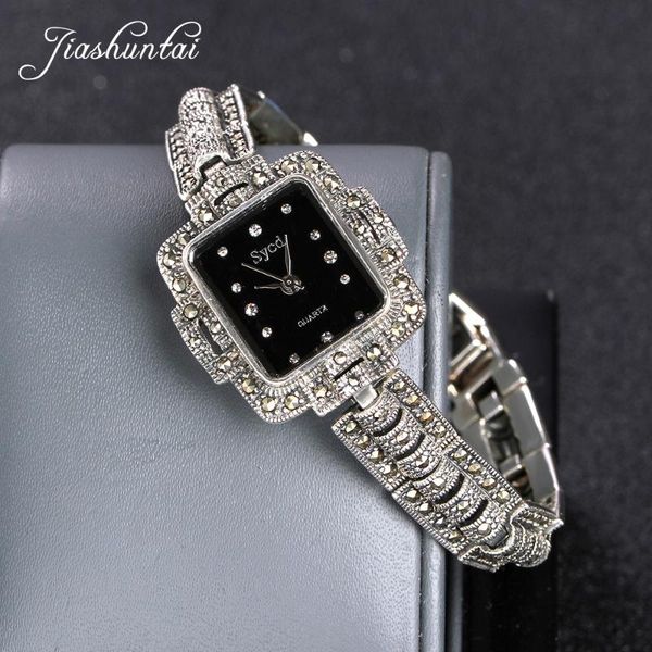 

jiashuntai retro 100% 925 sterling silver watch for women round vintage thai silver watchs jewelry gifts, Slivery;brown