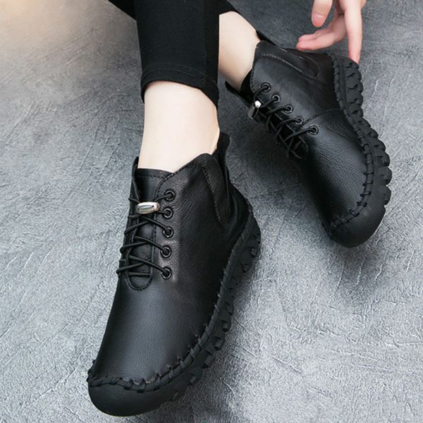 

women's shoes flat-bottomed handmade shoes large leather boots women's winter casual women's boots, Black