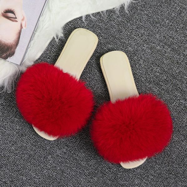 

coolsa summer women fur slippers real fur slides female indoor flip flops casual raccon sandals furry fluffy plush shoes, Black