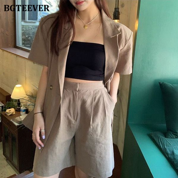 

women's suits & blazers bgteever vintage women short belted jacket loose shorts summer cotton linen 2 pieces set female 2021 pant suit, White;black