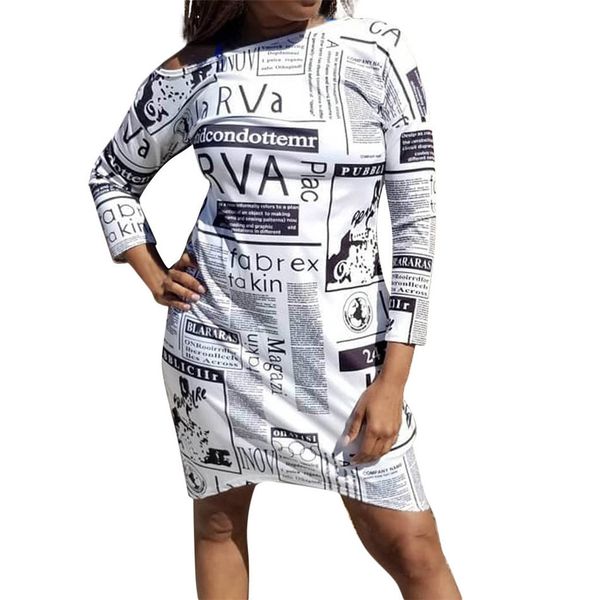 

женской повседневный печатных газеты платье тонких холодное плечо мини платье с длинным рукавом напечатанного письма платье vestidos de vera, White;black