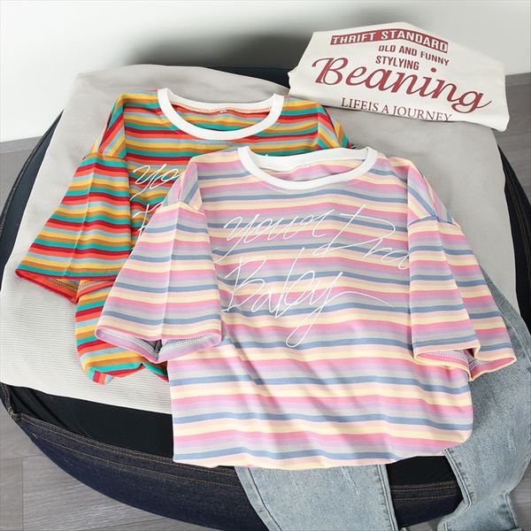 

2020 women's rainbow striped cotton t-shirt cotton t-shirt women's short sleeve loose half sleeve clothes ins fashion, White