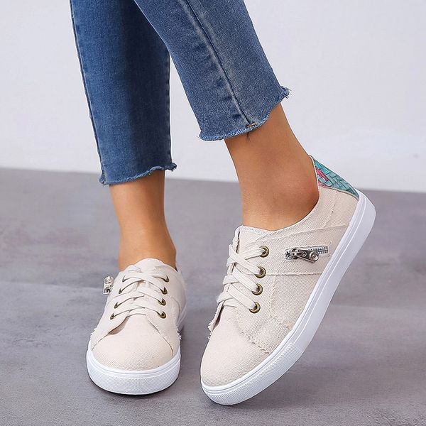 

women flat canvas shoes shallow zip lace up ladies fashion print casual comfortable walking female vulcanized footwear 2019, Black
