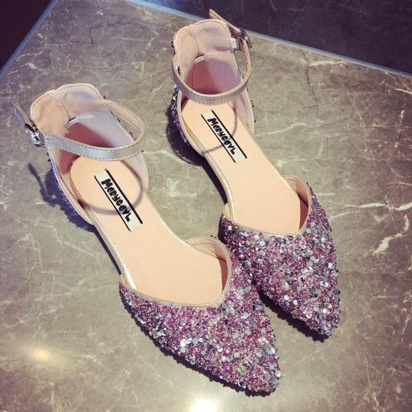 

shine crystal pointed toe flats summer sandals glitter ankle strap shallow dancing shoes woman comfy casual sweet girl sandalias, Black