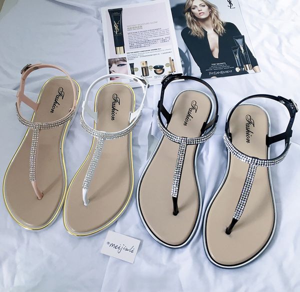 

women's shoes summer new rhinestone flat shoes clip t-type strap roman low flat sandals women plastic sandals beach, Black