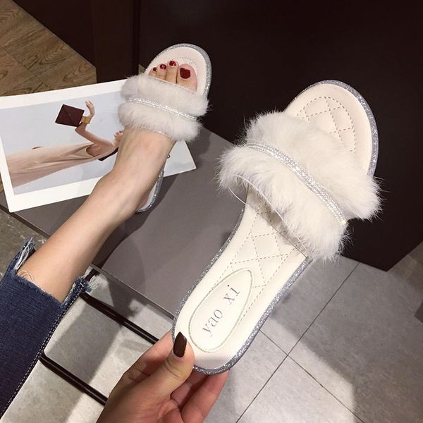 

flat shoes female ladies' slippers fur flip flops slides slipers women plush summer soft glitter 2020 basic, Black