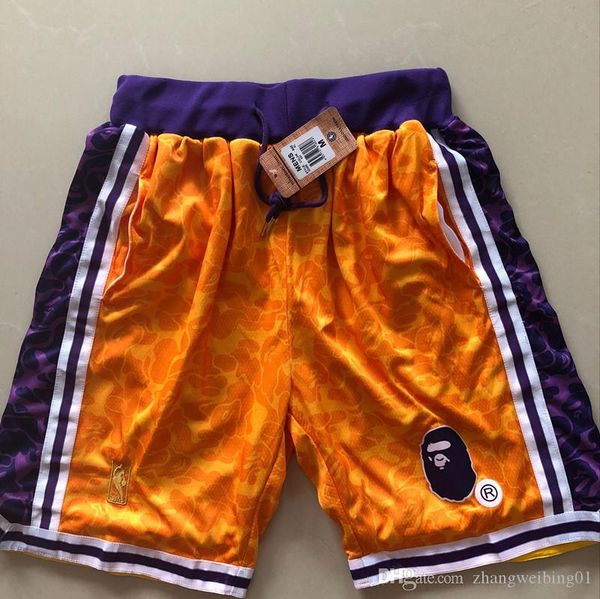 

just don bape shorts los angeles lakers 23 james shorts stripe network lining split joint sports pants men nba basketball pant, Black
