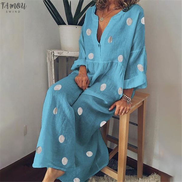 

плюс размер женщины полька dot summer casual сыпучие длинным рукавом богемское maxi платье sexy v шеи boho пляж платье vintage vestidos, Black;gray