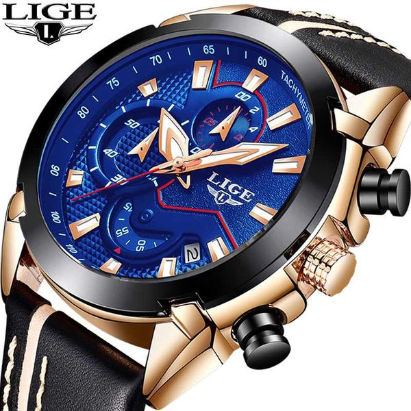 

2018 lige men watch brand leather watches men's chronograph waterproof sport date quartz wristwatch relogio masculino, Slivery;brown
