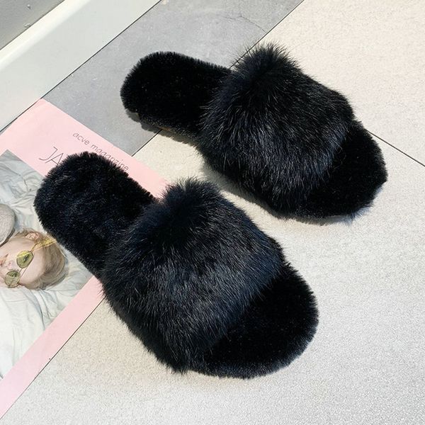 

size 35-50 nice new autumn women concise flip flops flat heels real fur warm shoes woman female soft slippers, Black