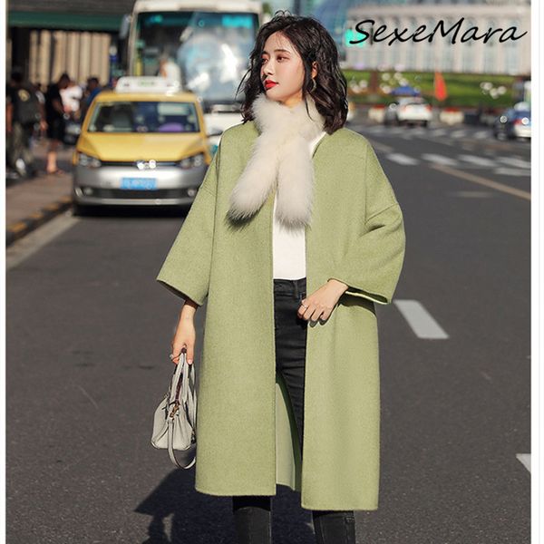 

korean style 2019 winter women woolen coats fashion elegant o-neck belt fur collar long coats, Black