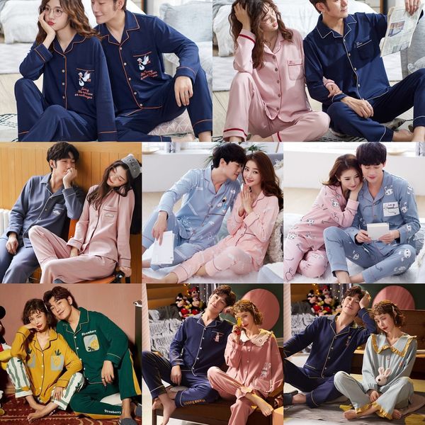 

couple wo autumn long pajamas pajamas sleeve cotton men's and women's cardigan season cartoon cute home clothes set, Blue;red