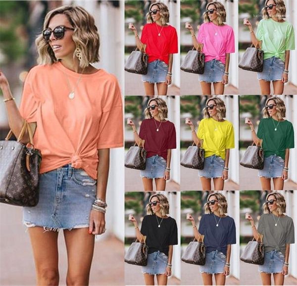 

tshirt summer new street solid color round neck short sleeve loose casual tees womens knotted plus size, White