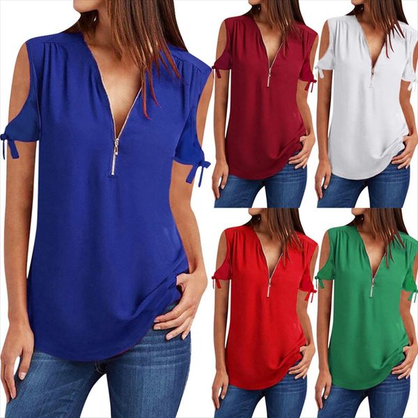 

2019 shoulder-exposed v-neck short-sleeved t-shirt 2019 shoulder-exposed zipper zipper v-neck short-sleeved t-shirt, White