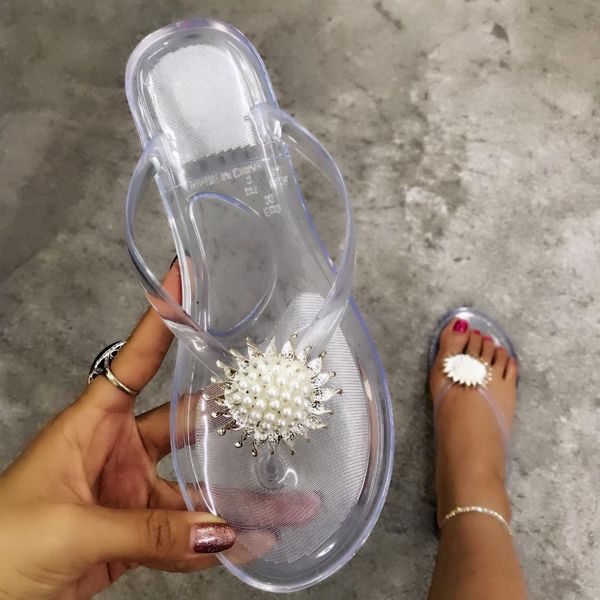

2020 new summer jelly shoes female flip-flops beach shoes sun flower pearl craft sandals outdoor slippers plus size 39 40 41, Black