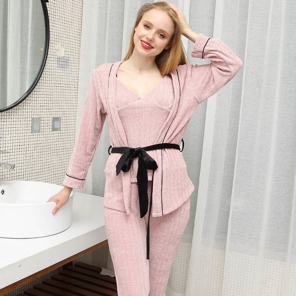 

women pajamas set chenille gold velvet 3 pieces pajamas robe causal sleepwear long sleeve home clothes female sleepwear, Black;red