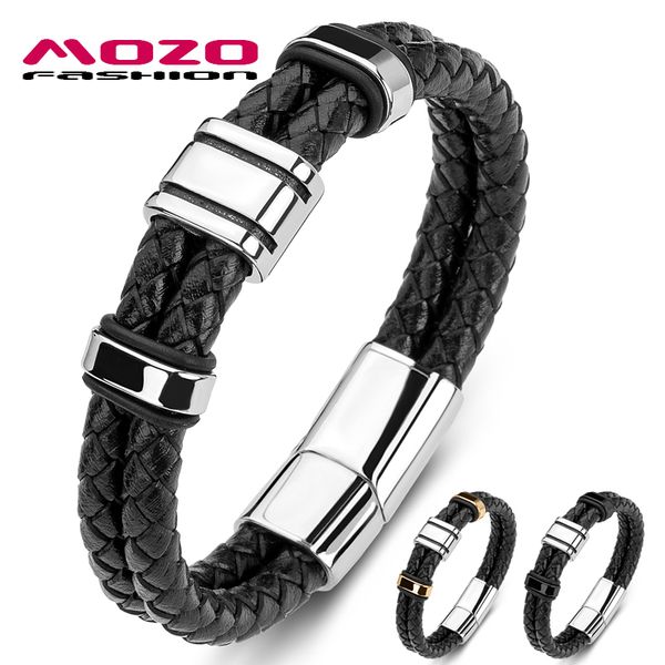 

mozo fashion 2020 men bracelets braided stainless steel trendy retro tide bracelet punk genuine leather bangle woman jewelry 183, White