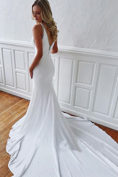

Grogous Sleeveless Mermaid Wedding Dresses V Neck Zipper Back Bridal Party Gowns Custom Made Garden Wedding Dresses