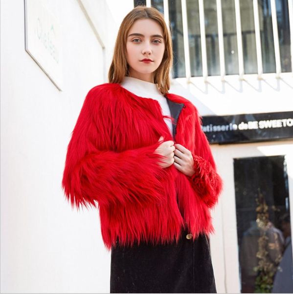 

womens large size imitation fur jackets short section fluffy long sleeve female fake fur outerwear jacket hairy overcoat k1164, Black