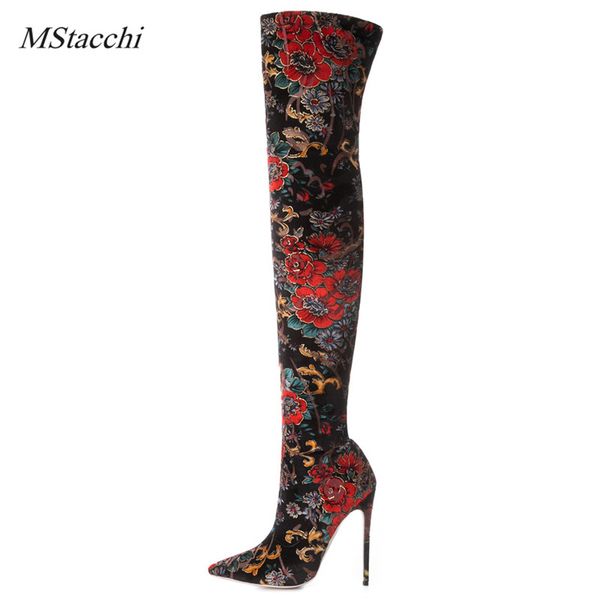 

mstacchi autumn winter female over the knee boots flower prints high heels ladies party shoes womens stretch thigh high boots, Black