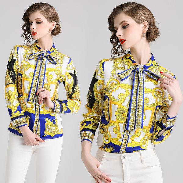 

luxury baroque print runway shirts 2021 women's vintage button shirt long sleeve casual office ladies designer bow tie neck blouses sli, White