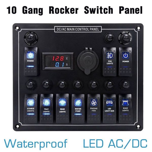 

новый 10 gang водонепроницаемый автомобилей auto boat marine led ac / dc rocker switch panel dual power control защита от перегрузки 15a dc