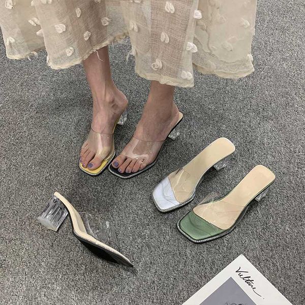 

female shoes ladies' slippers slides med transparent heel 2020 summer flat fashion hoof heels rubber rome pu, Black