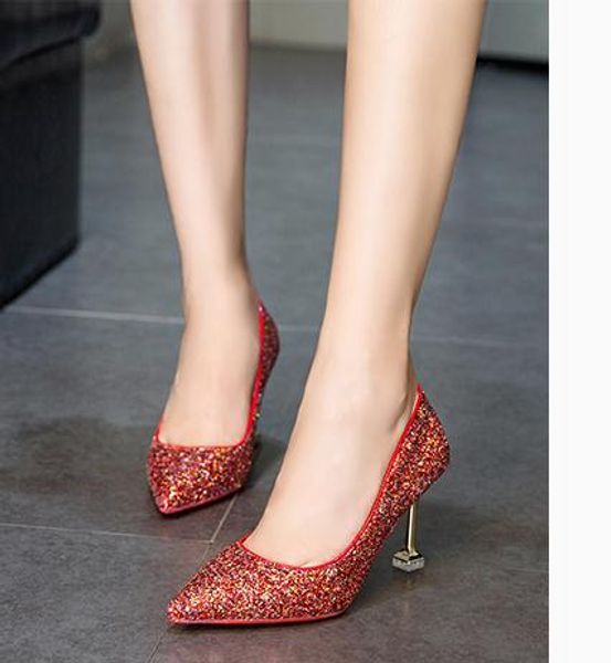 

women's shoes in spring and autumn high fine heel pointed end sequined cloth@asd396, Black