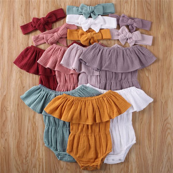 

jumpsuits summer toddler baby girl ruffles sleeve jumpsuit solid color off-shoulder romper headband 0-24m, Blue