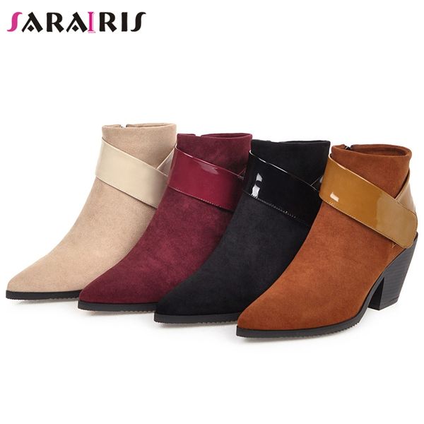 

sarairis ankle boots for women 2019 chunky high heel boots winter addable fur faux suede shoes woman big size 31-46, Black
