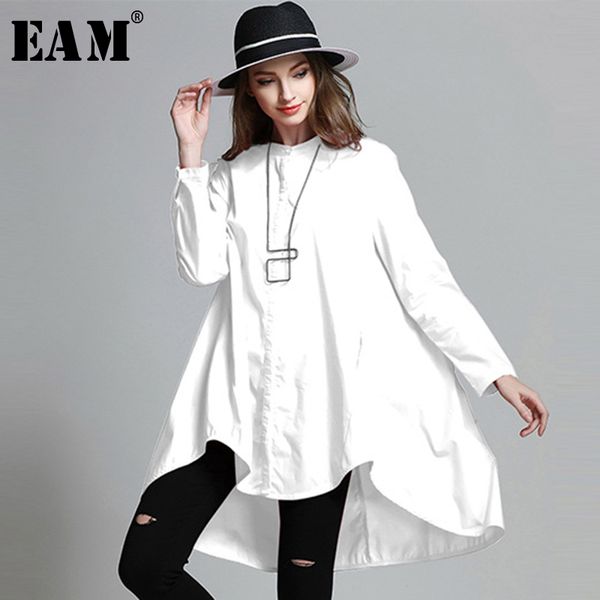 

eam]2020 spring woman stylish solid color long sleeve o-neck single breasted irregular loose shirt all match le706, White