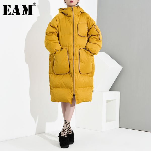 

eam] hooded pockets split cotton-padded coat long sleeve loose fit women parkas fashion tide new autumn winter 2019 1k678, Black