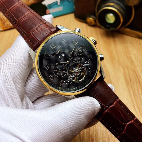 

daydate leather mens men automatic strap quality dial flywheel genuine watches dropshipping gold watch for mechanical gift 42m vcke, Slivery;brown
