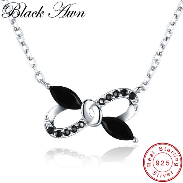 

black awn] bow-knot 925 sterling silver necklace for women elegant necklaces pendants black spinel jewelry girl's gift k039