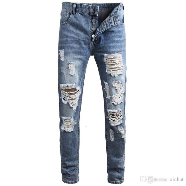 

новые мужские проблемные рваные джинсы тощий модельер slim fit омывается motocycle denim штаны хип-хоп байкер hole брюки jb901, Blue