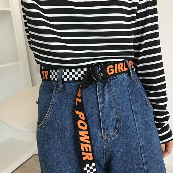 

girl power double d ring buckle belt harajuku fashion 130cm women long belt female printing letter canvas for jeans 516, Black;brown