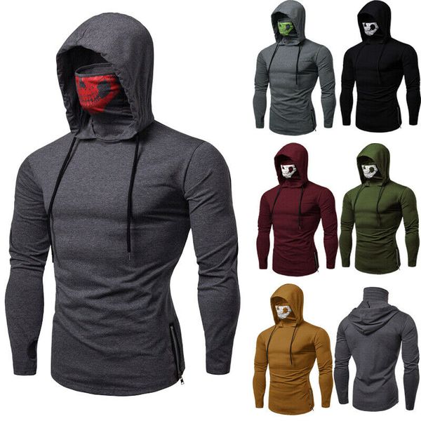 

men casual hip-hop gym thin hoodie long sleeve pullover with mask sweatshirt top, White;black